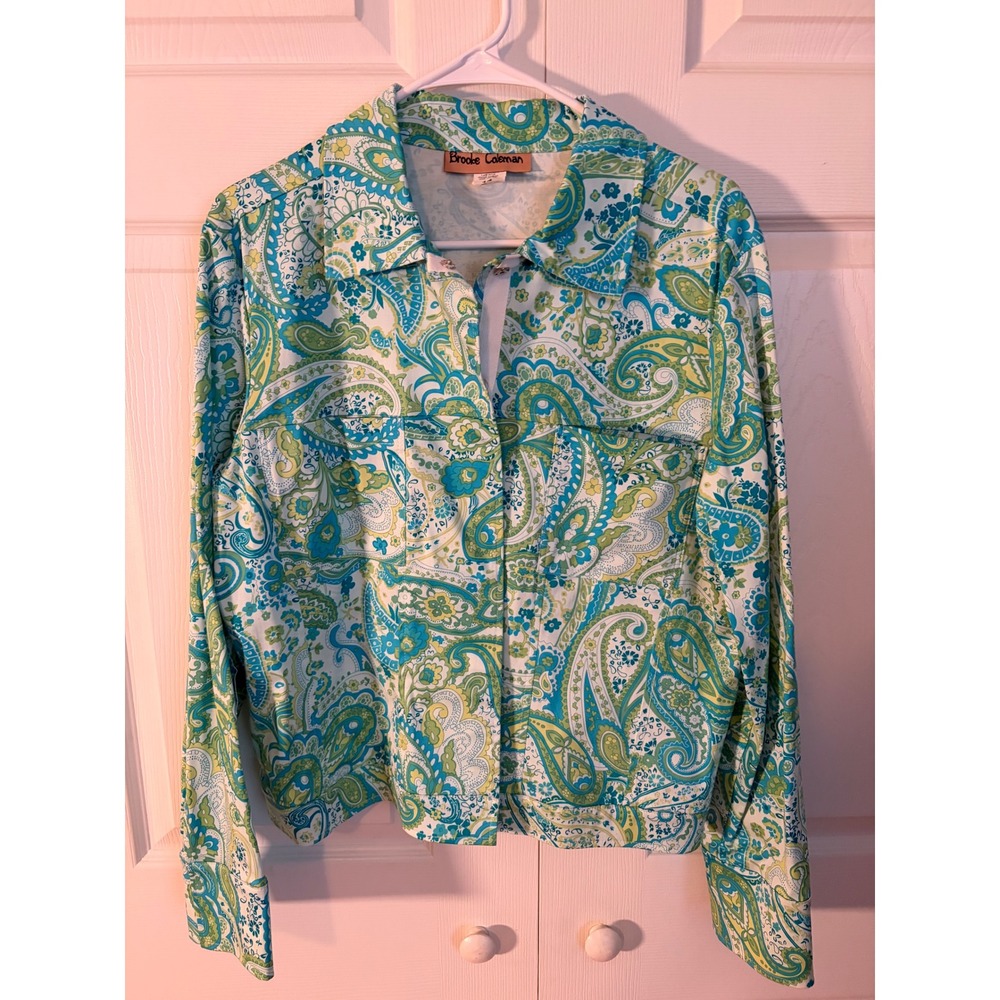 Brooke Coleman Women Teal Green Paisley Print‎ Snap Front Lightweight Jacket